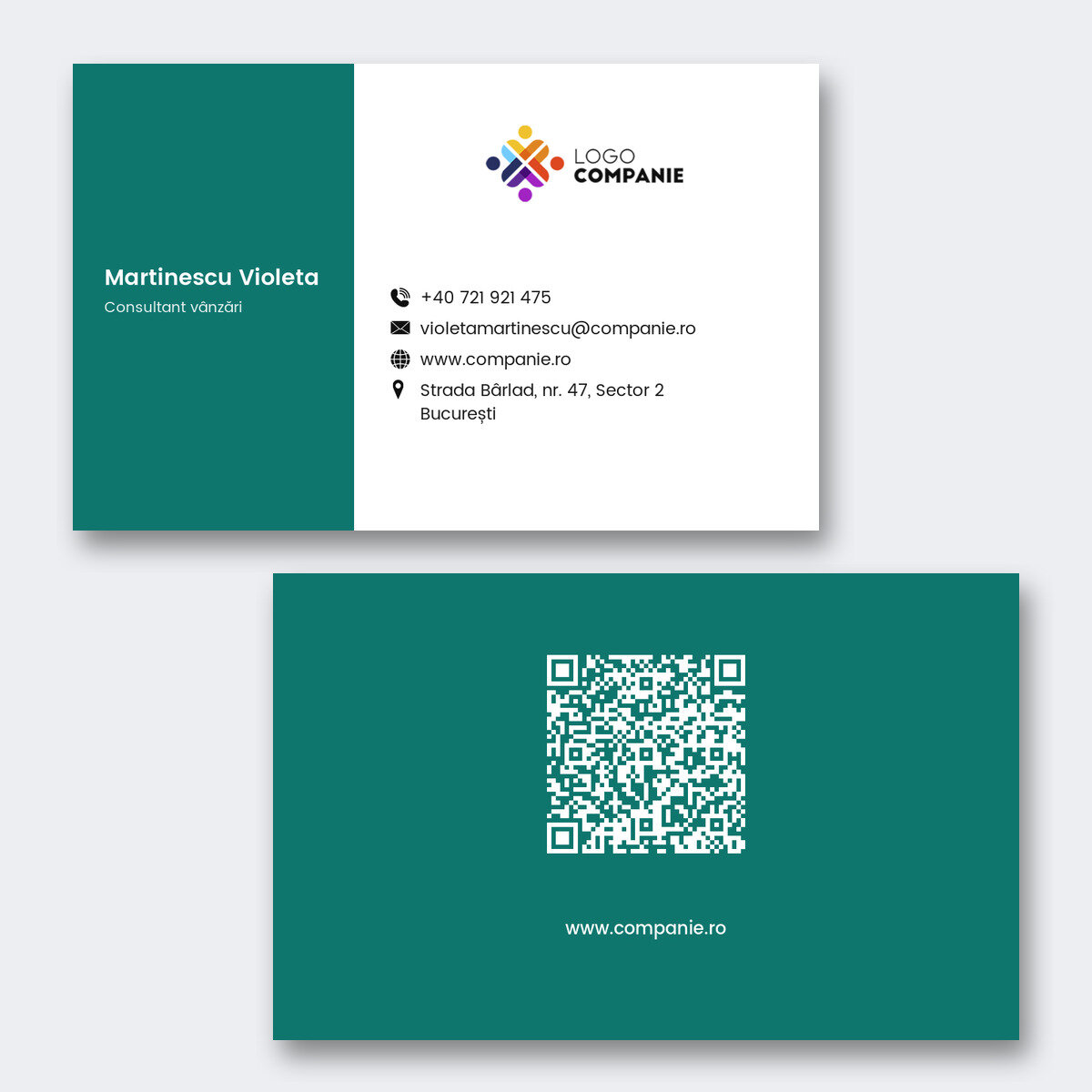 Персонализирани визитни картички на хартия, дизайн с цветна лента, лого и QR код