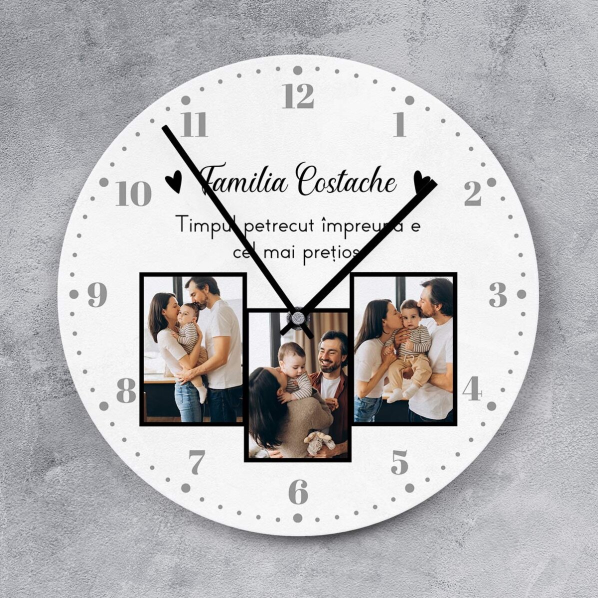 Ceas personalizat cu 3 poze și text - Familie