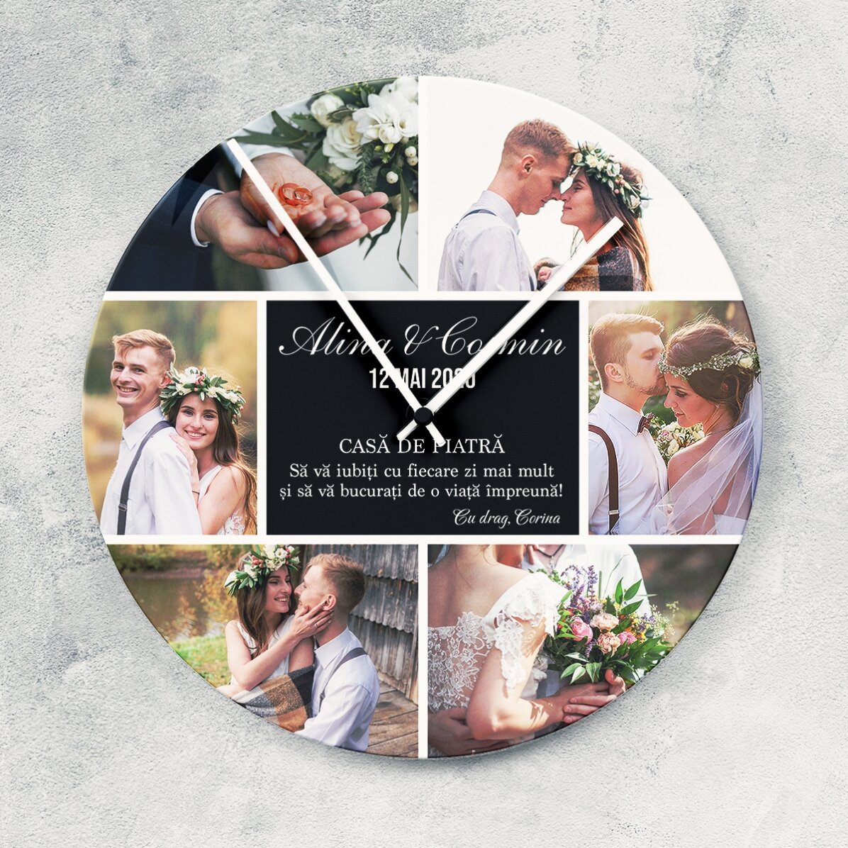 Ceas personalizat cu 6 poze și mesaj - Momente