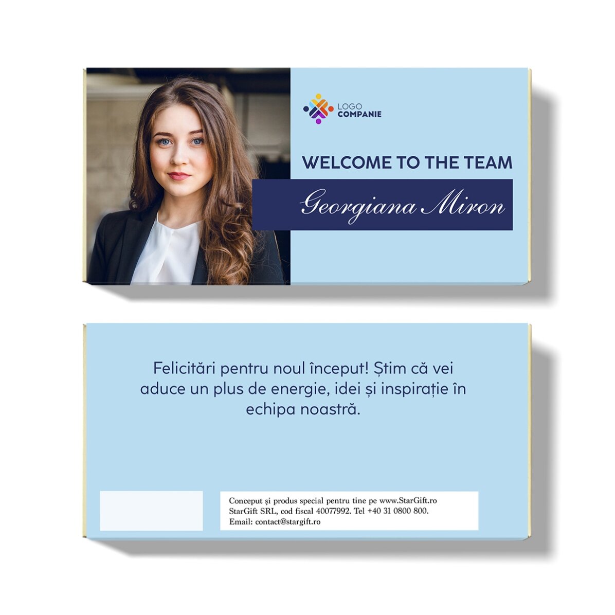 Ciocolată personalizată cu logo, poză și mesaj pentru angajați