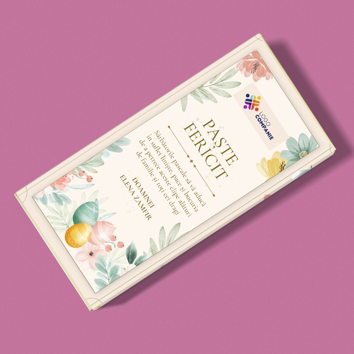 Ciocolată personalizată cu logo și mesaj de Paște