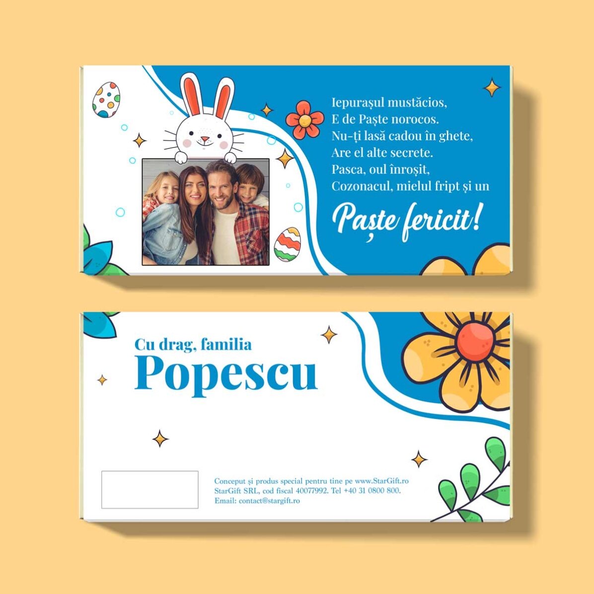 Ciocolată personalizată cu text și poză - Paște fericit!