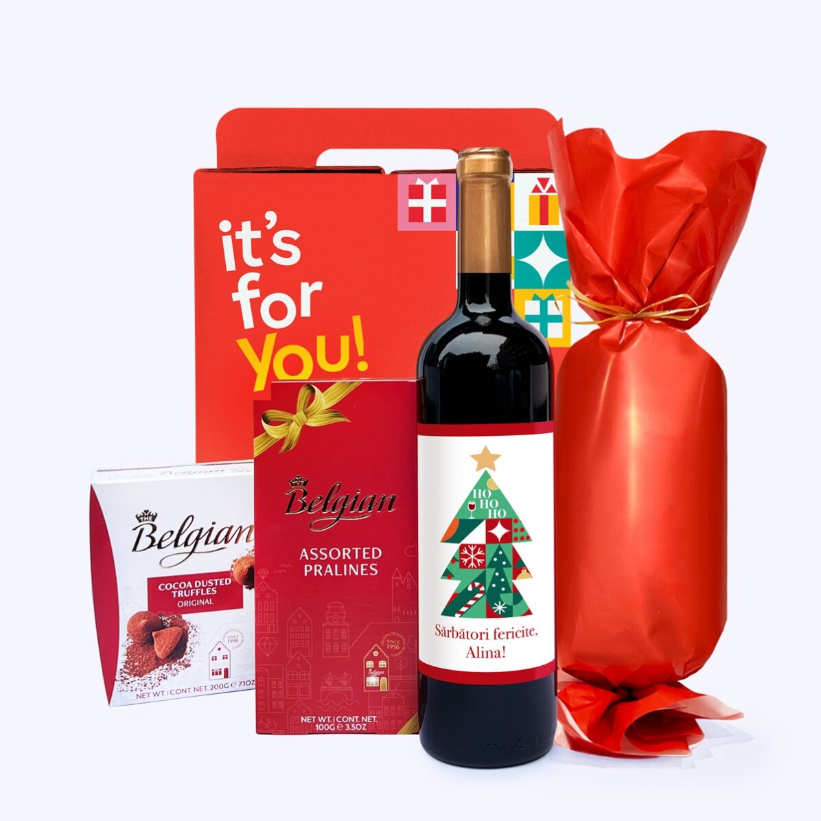 Cutie cadou - Crăciun Magic cu vin personalizat cu mesaj