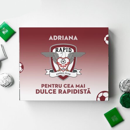 Cutie de bomboane FC Rapid personalizată cu nume și mesaj