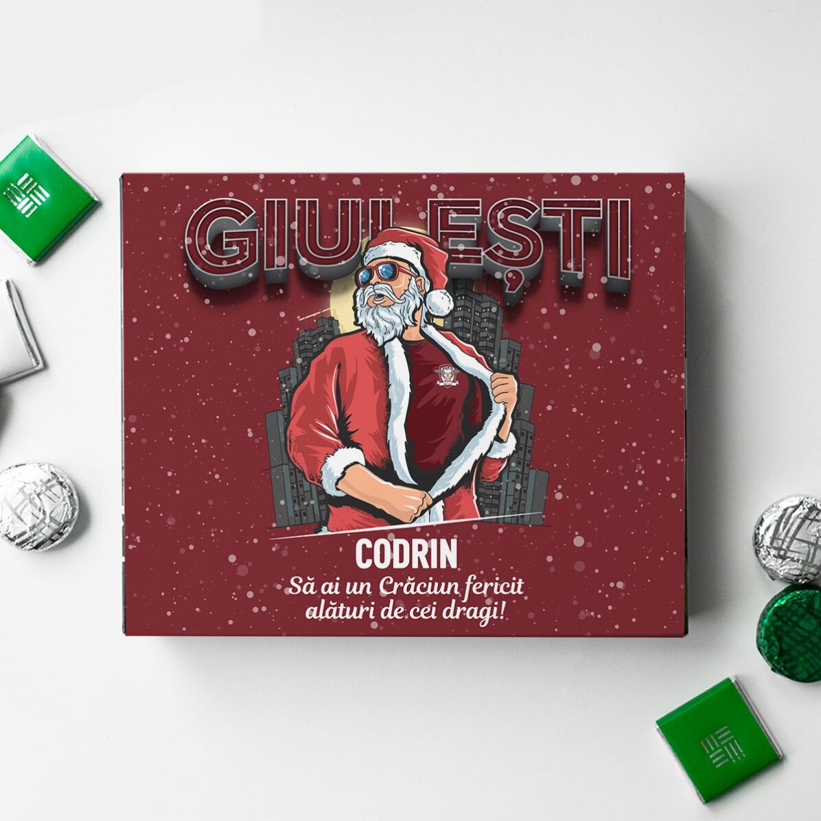 Cutie de bomboane FC Rapid personalizată cu text - Moșul din Giulești
