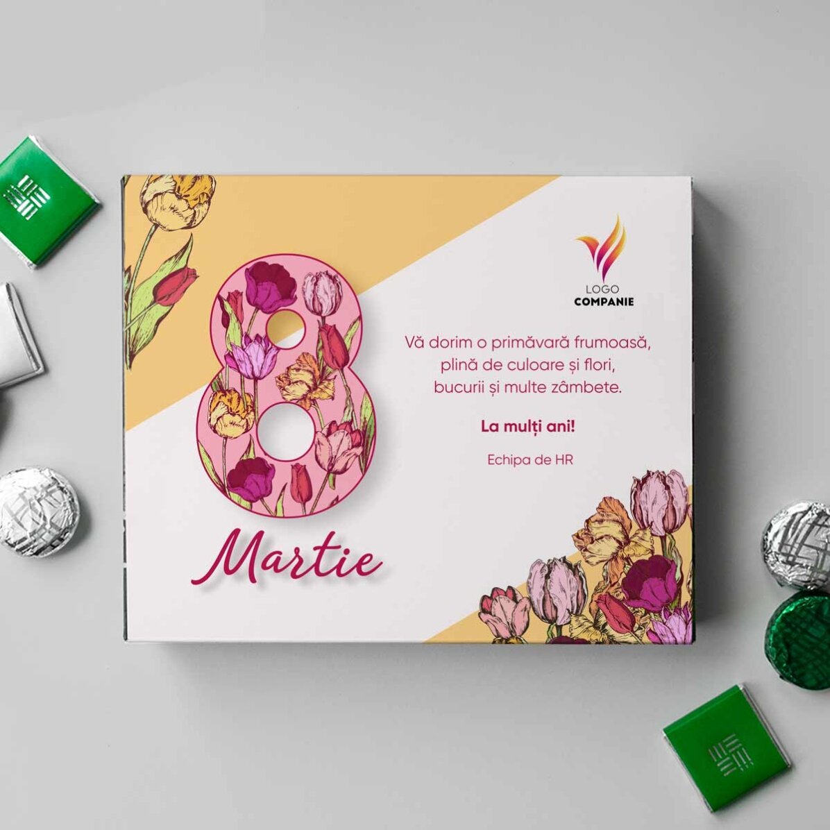 Cutie de bomboane personalizată cu logo și mesaj - 8 Martie