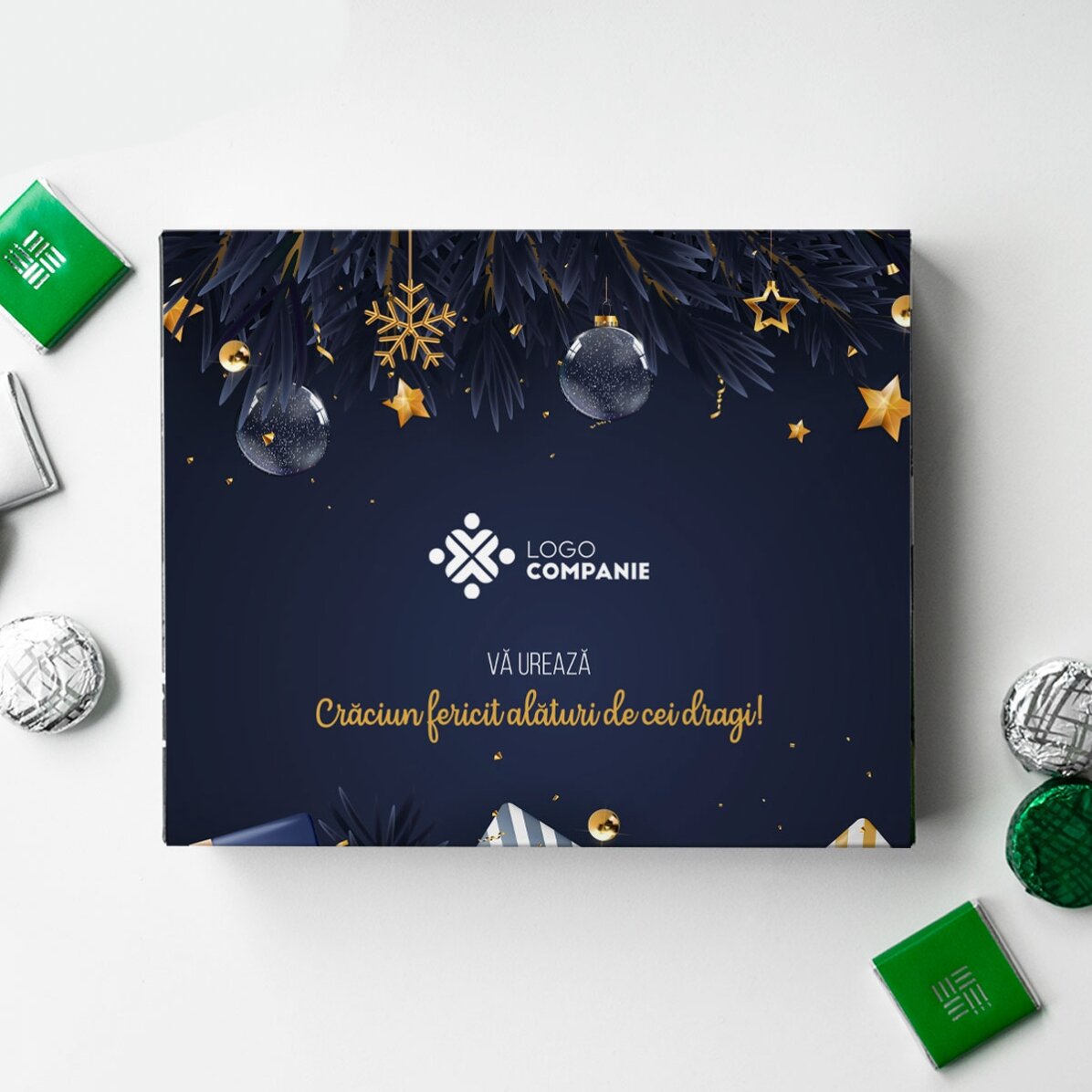 Cutie de bomboane personalizată cu logo și mesaj - Crăciun fericit!