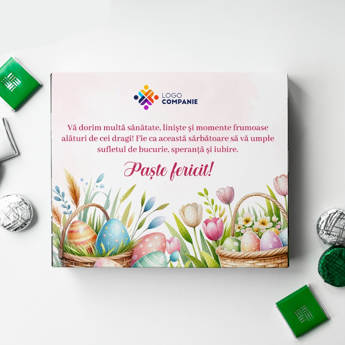 Cutie de bomboane personalizată cu logo și mesaj - Easter