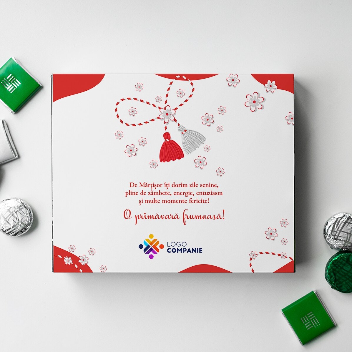 Cutie de bomboane personalizată cu logo și mesaj - Mărțișor