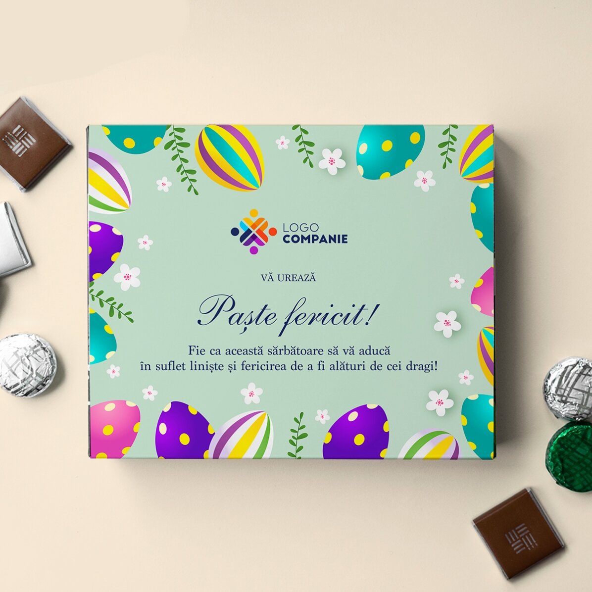 Cutie de bomboane personalizată cu logo și mesaj - Paște fericit!