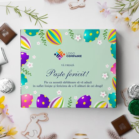 Cutie de bomboane personalizată cu logo și mesaj - Paște fericit!