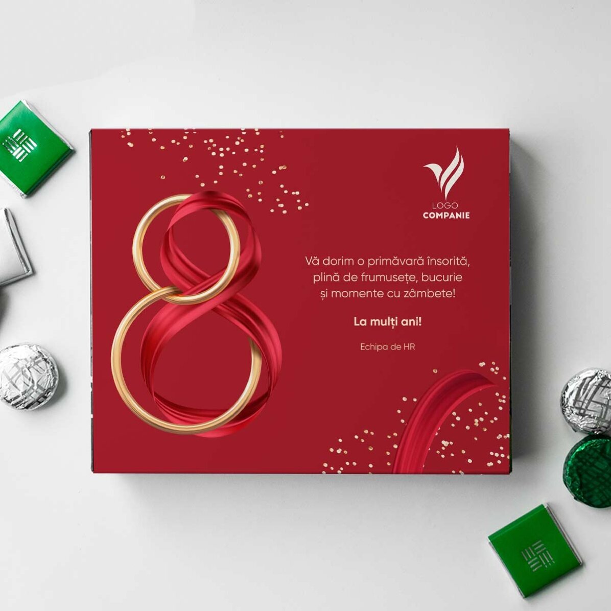 Cutie de bomboane personalizată cu logo și text - 8 Martie