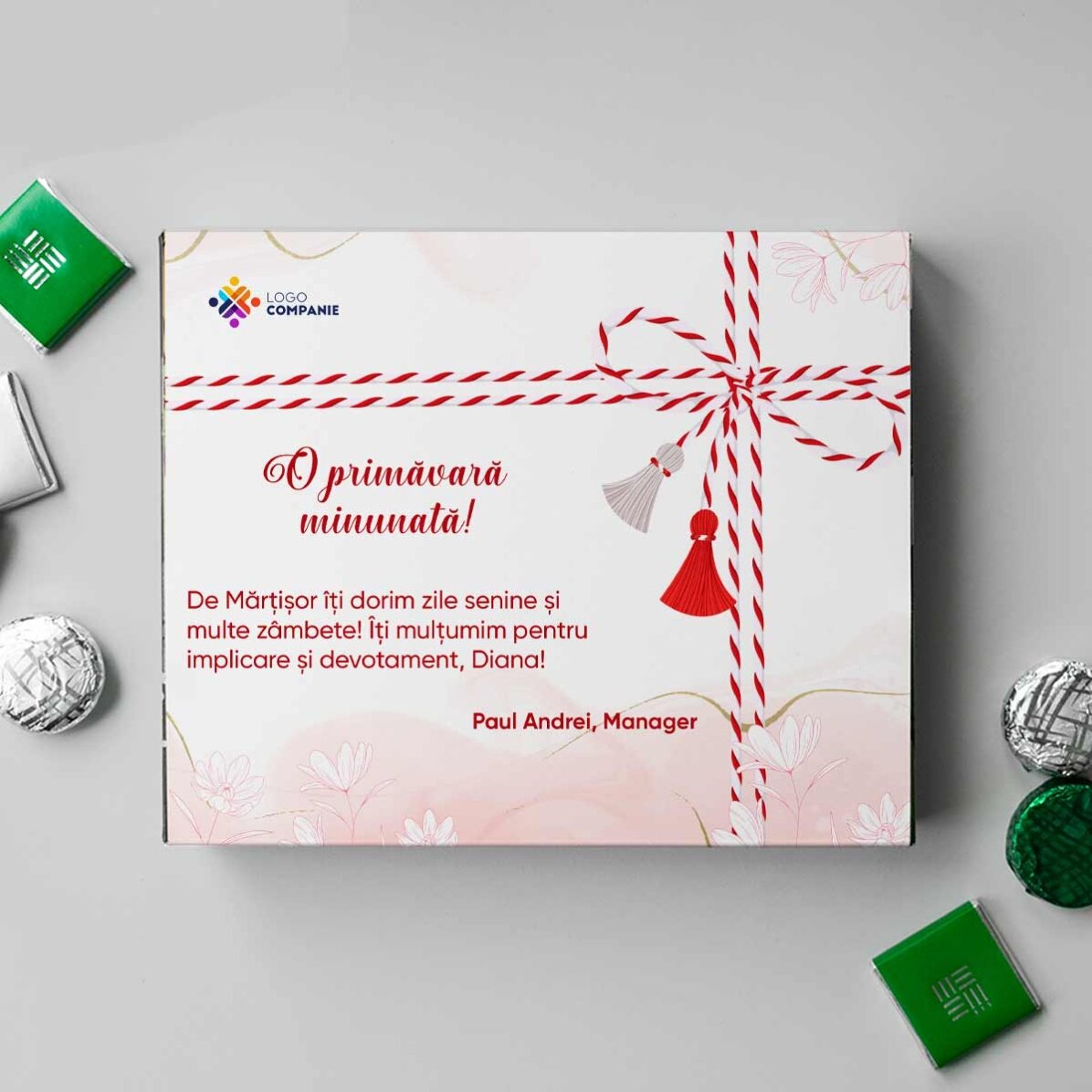 Cutie de bomboane personalizată cu logo și text - Mărțișor