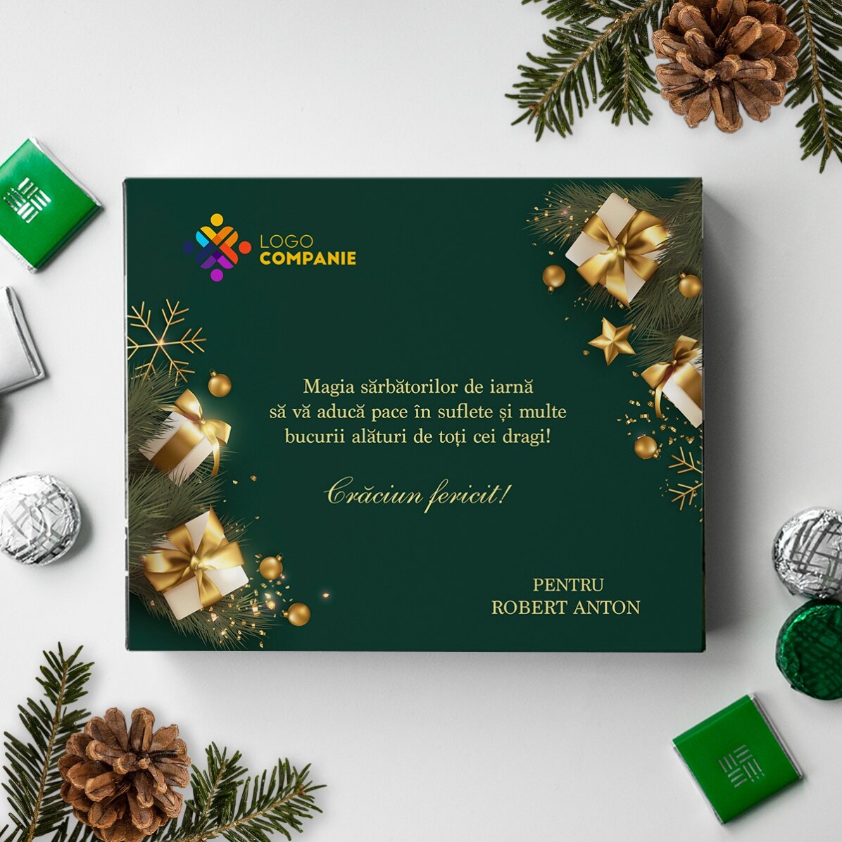 Cutie de bomboane personalizată cu logo și text - Sărbători fericite