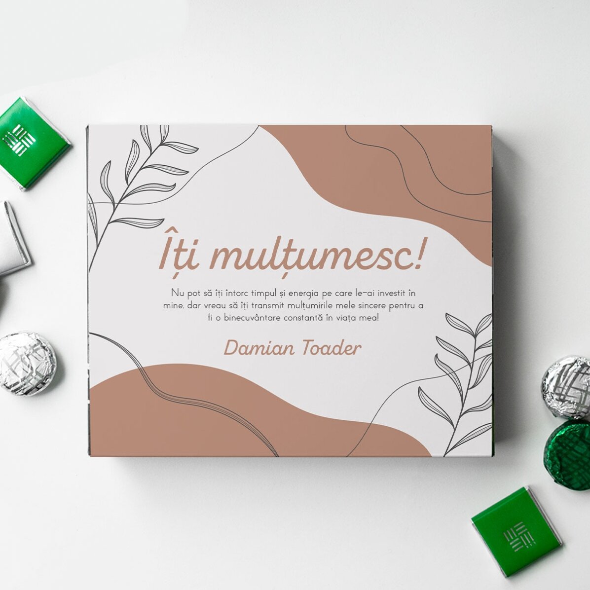 Cutie de bomboane personalizată cu mesaj de mulțumire - Leaves
