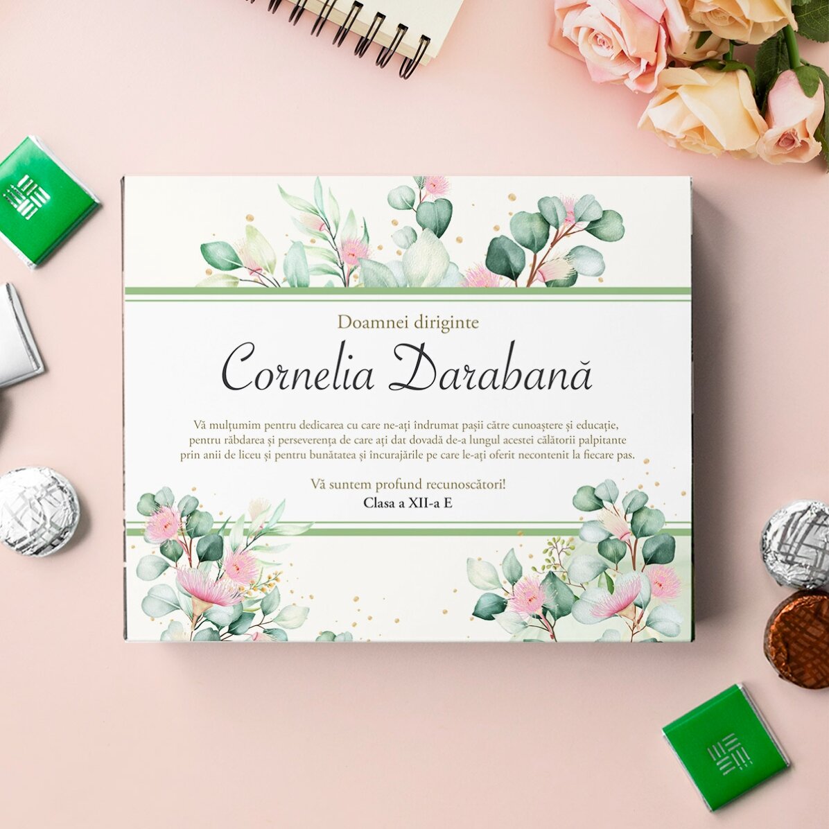 Cutie de bomboane personalizată cu mesaj de mulțumire pentru Doamna Dirigintă