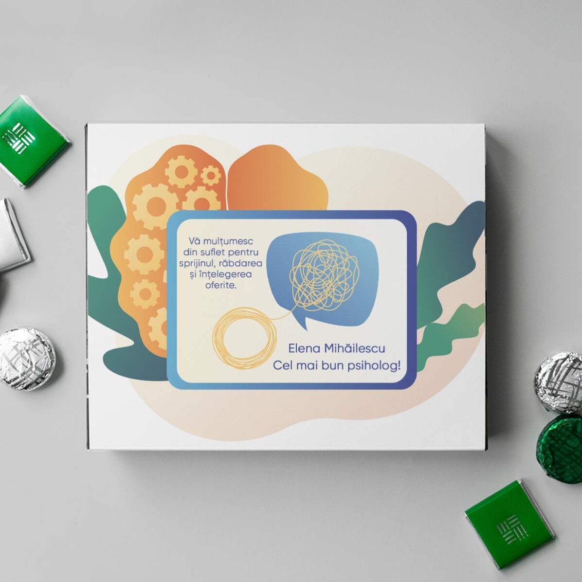 Cutie de bomboane personalizată cu mesaj de mulțumire pentru psihologi