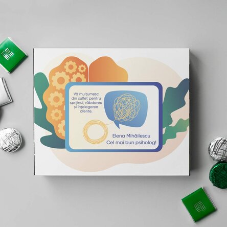 Cutie de bomboane personalizată cu mesaj de mulțumire pentru psihologi