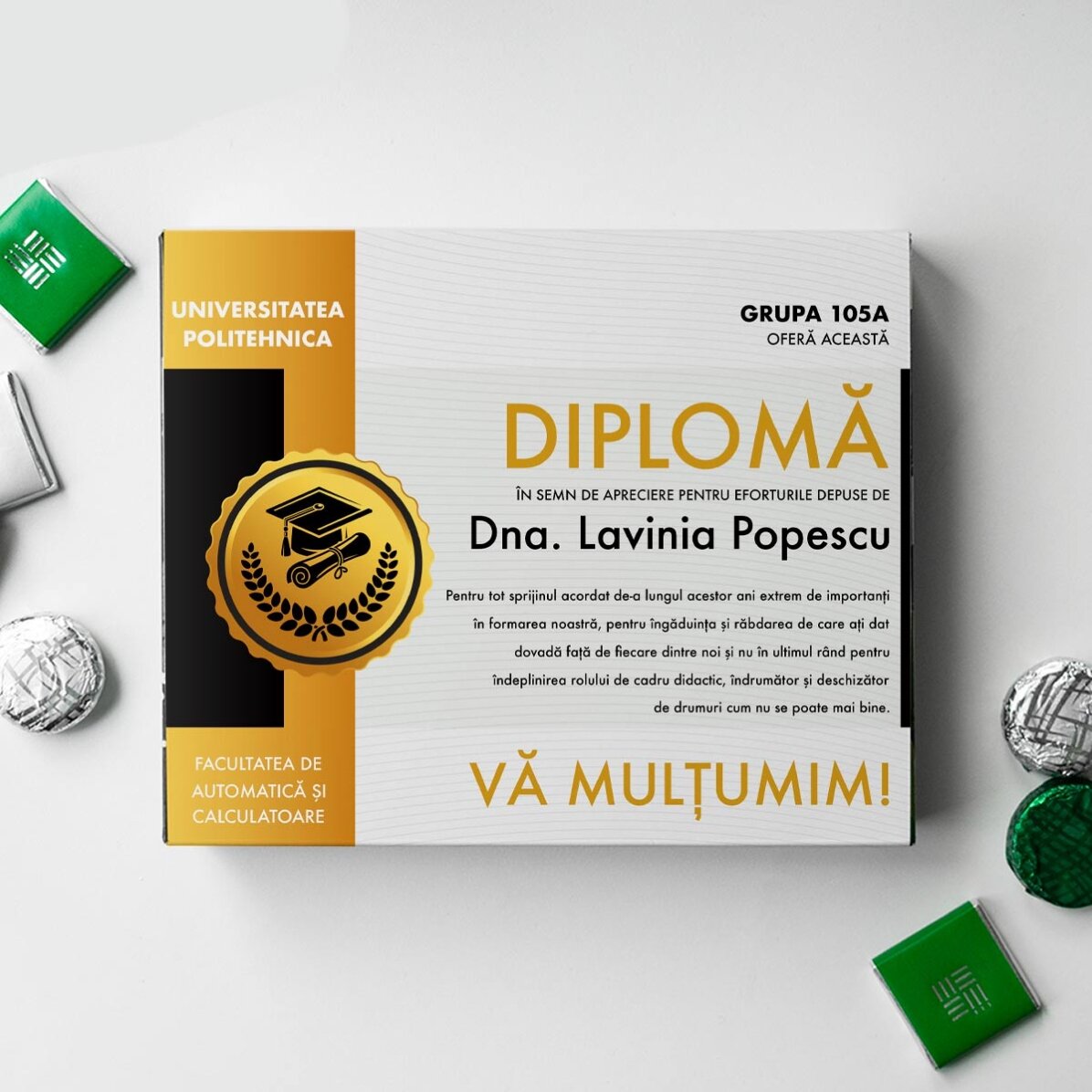 Cutie de bomboane personalizată cu mesaj - Diplomă pentru profesor