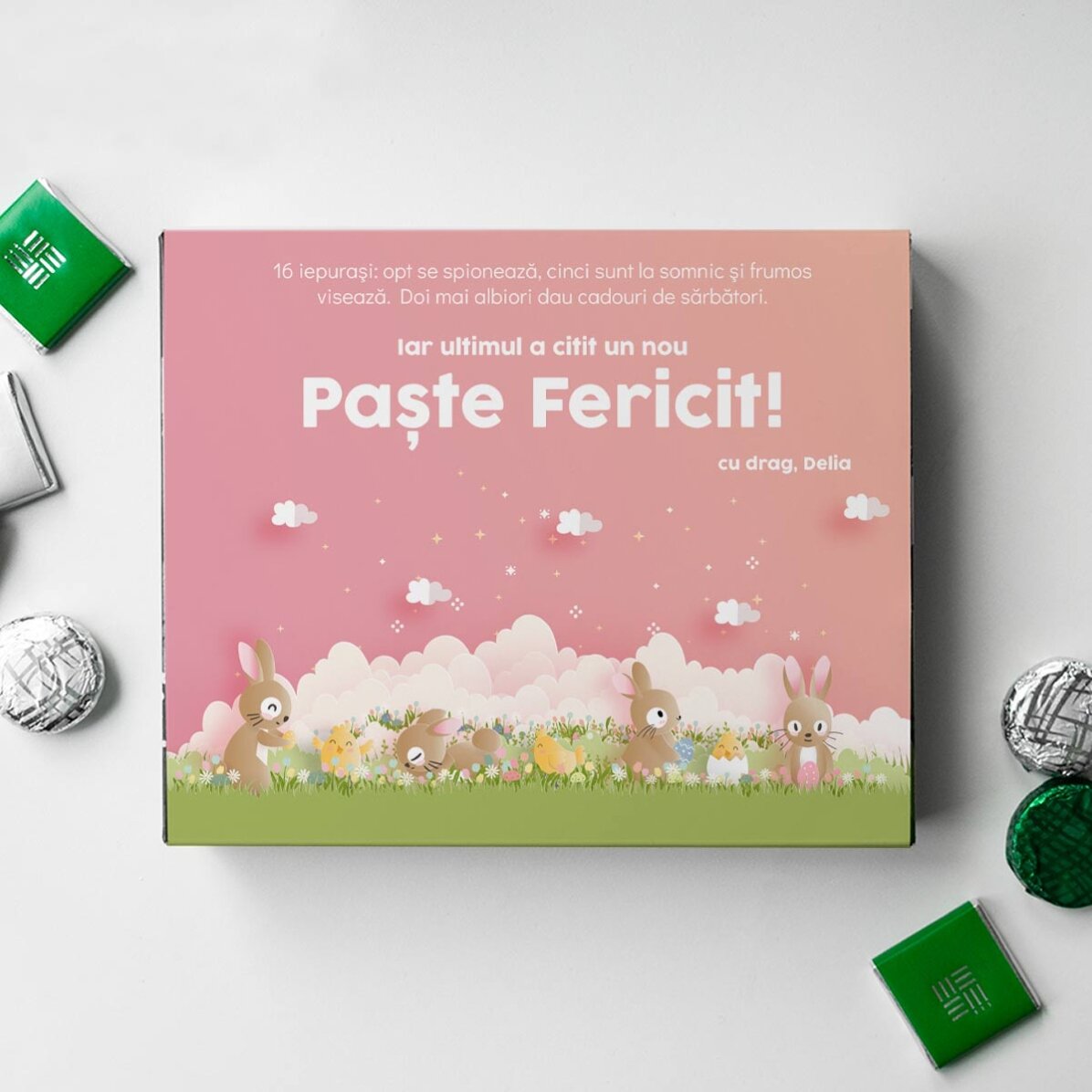 Cutie de bomboane personalizată cu mesaj - Iepurași