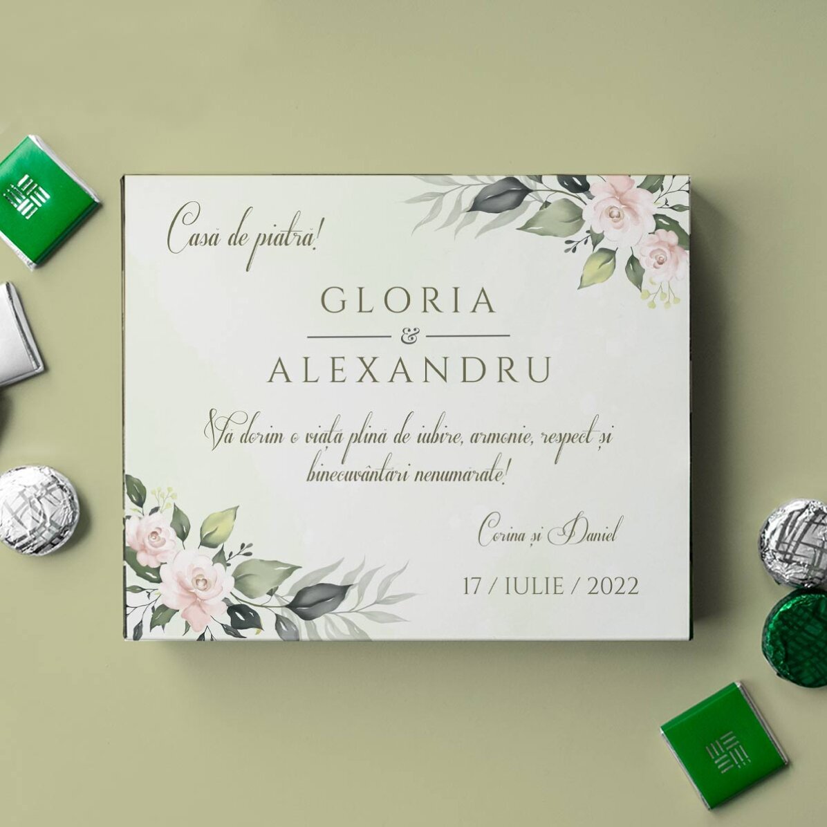 Cutie de bomboane personalizată cu mesaj - Urare de nuntă