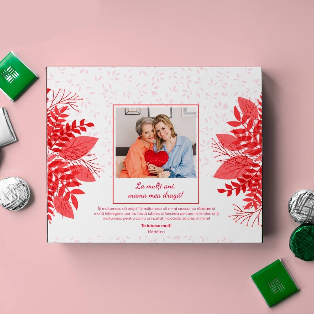 Cutie de bomboane personalizată cu o poză și mesaj - La mulți ani!