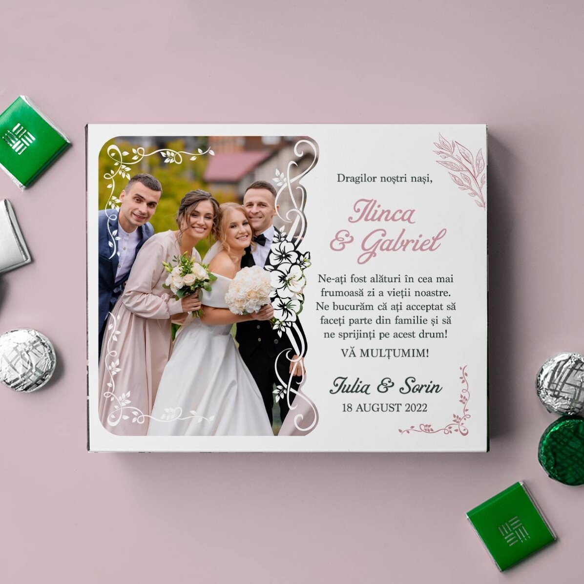 Cutie de bomboane personalizată cu o poză și mesaj pentru nași