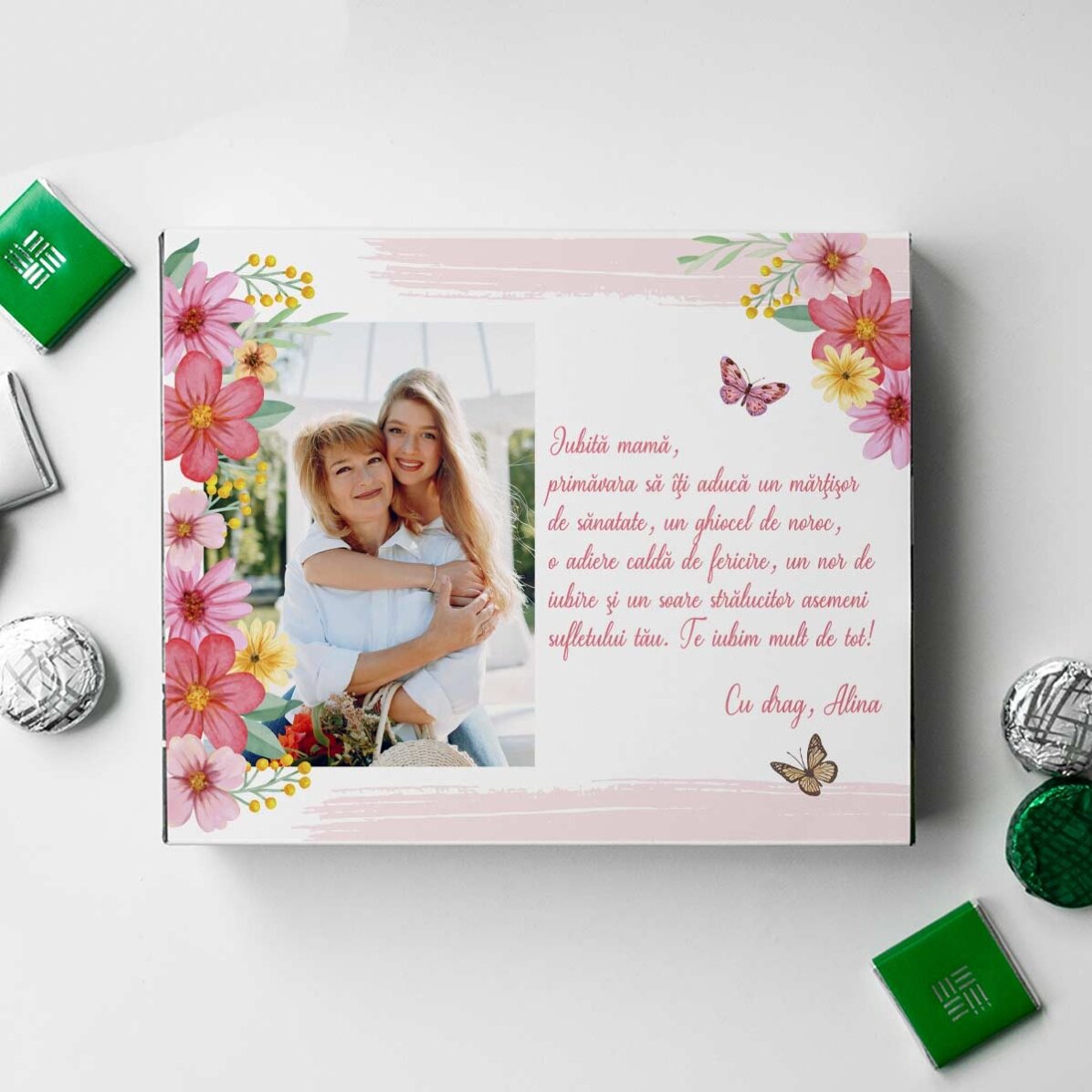 Cutie de bomboane personalizată cu o poză și mesaj - Primăvară