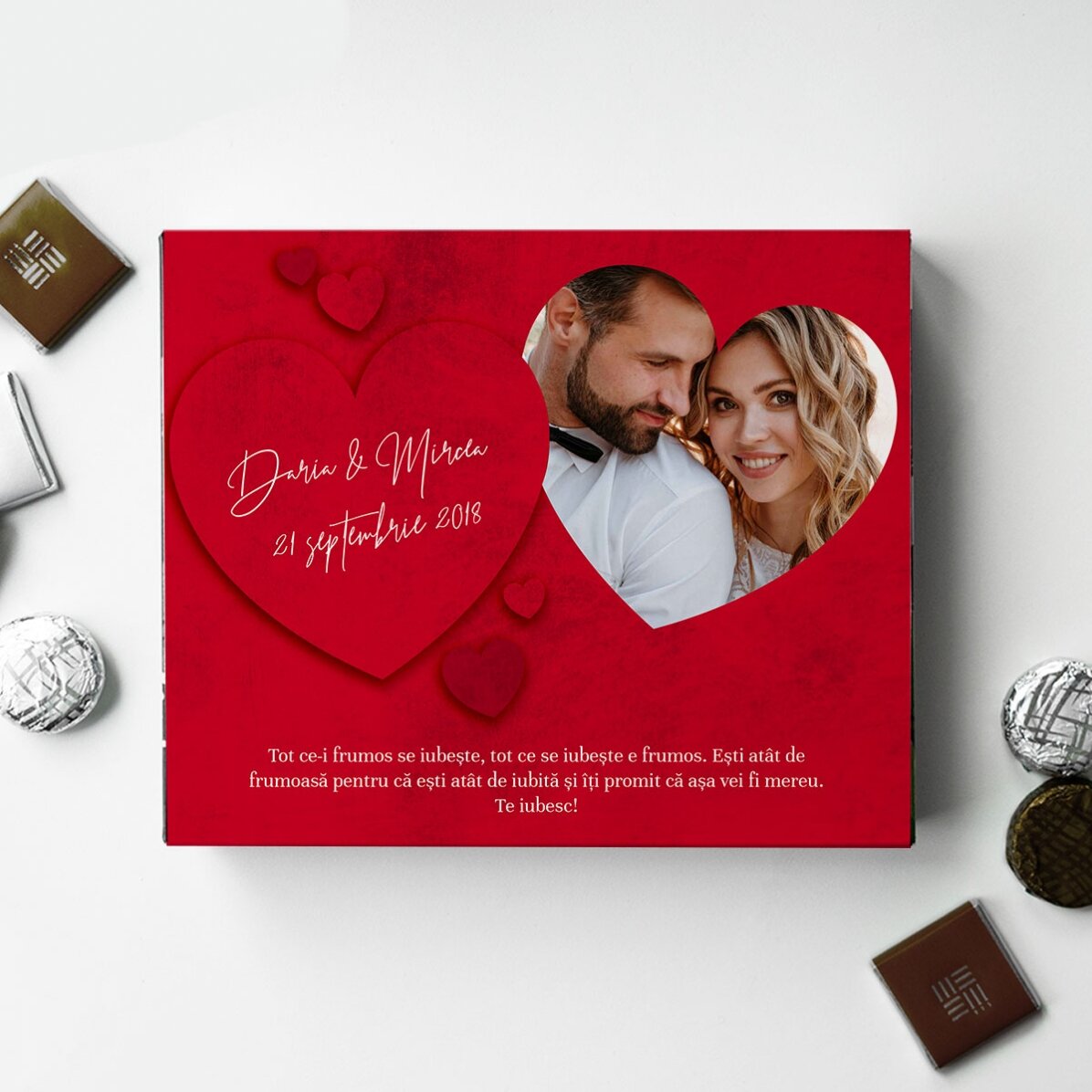 Cutie de bomboane personalizată cu o poză și mesaj - Te iubesc