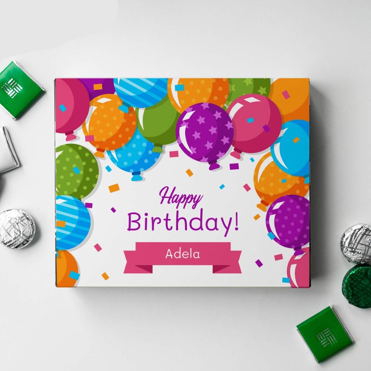 Cutie de bomboane personalizată cu text  - Baloane