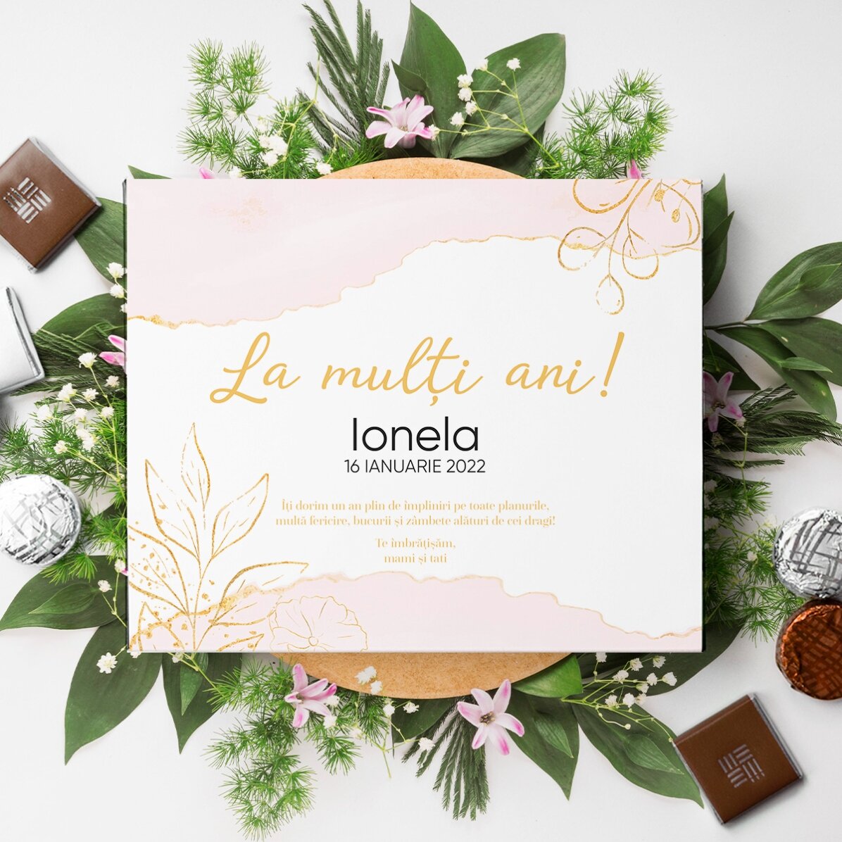 Cutie de bomboane personalizată cu text - La mulți ani!