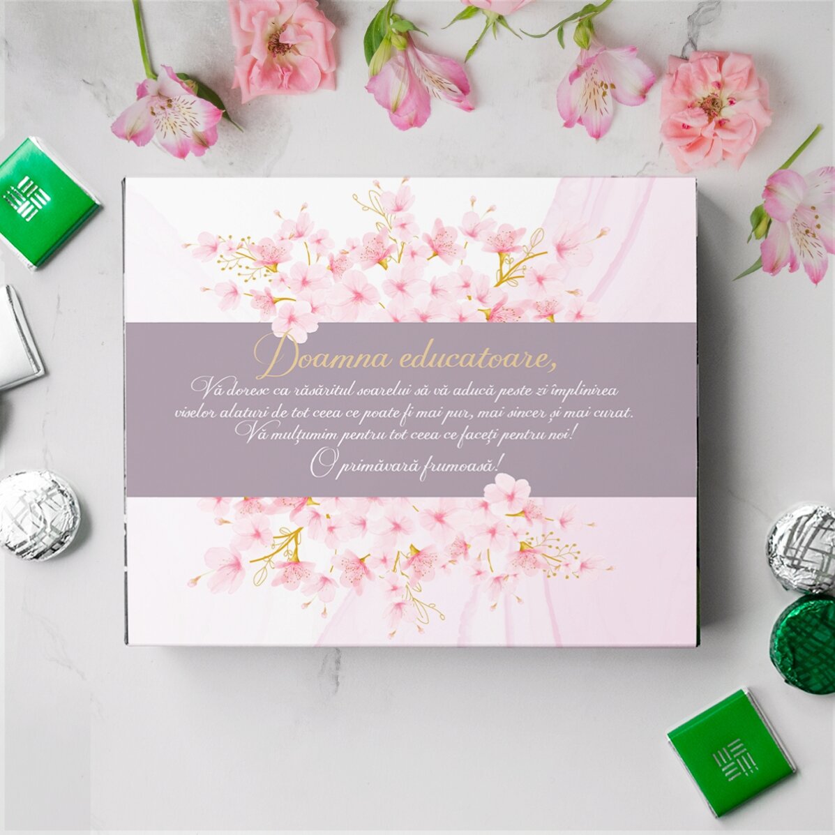 Cutie de bomboane personalizată cu text - O primăvară frumoasă!
