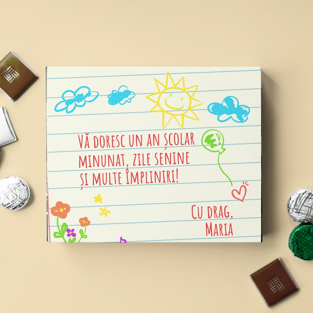 Cutie de bomboane personalizată cu text pentru educatoare