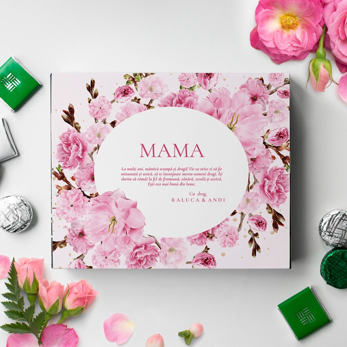 Cutie de bomboane personalizată cu text pentru mama