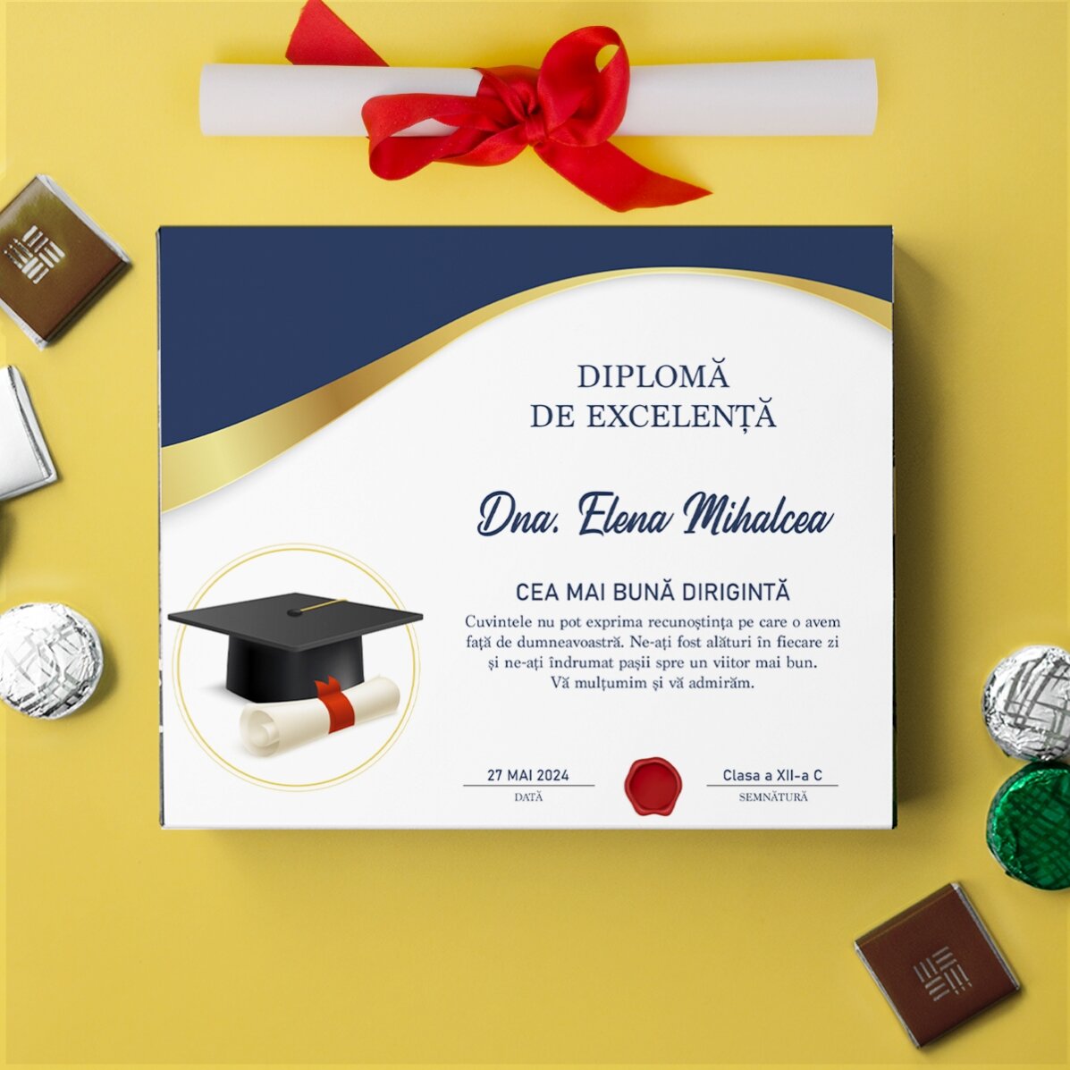 Cutie de bomboane personalizată cu text pentru profesori - Absolvire