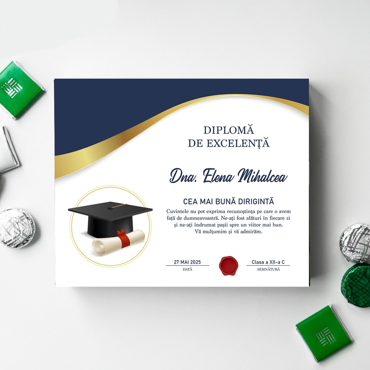 Cutie de bomboane personalizată cu text pentru profesori - Absolvire