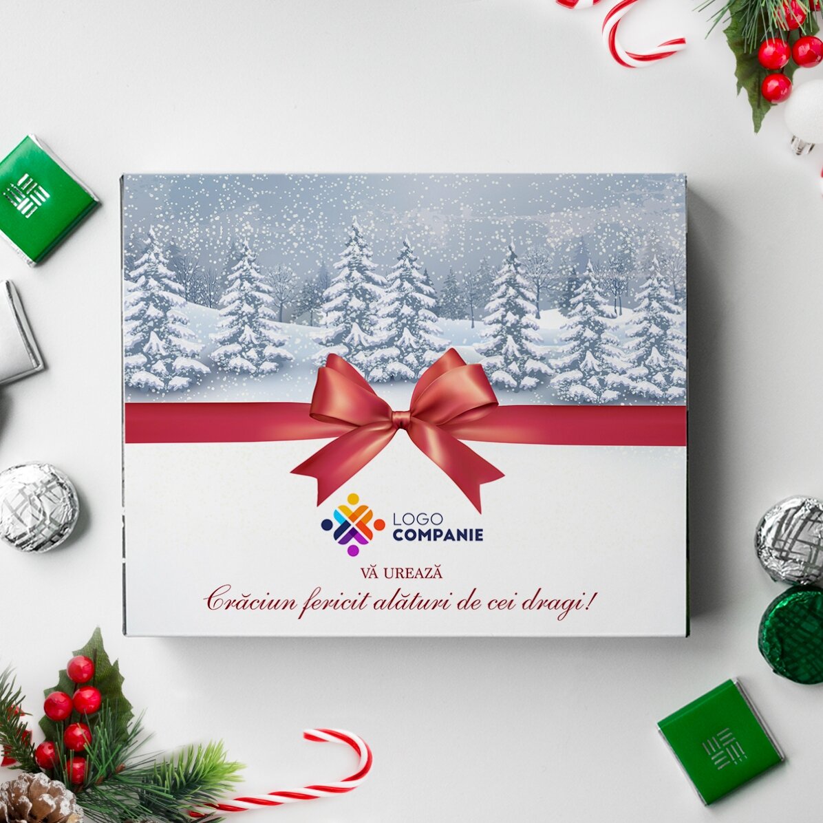 Cutie de bomboane personalizată cu logo și text - Crăciun fericit!