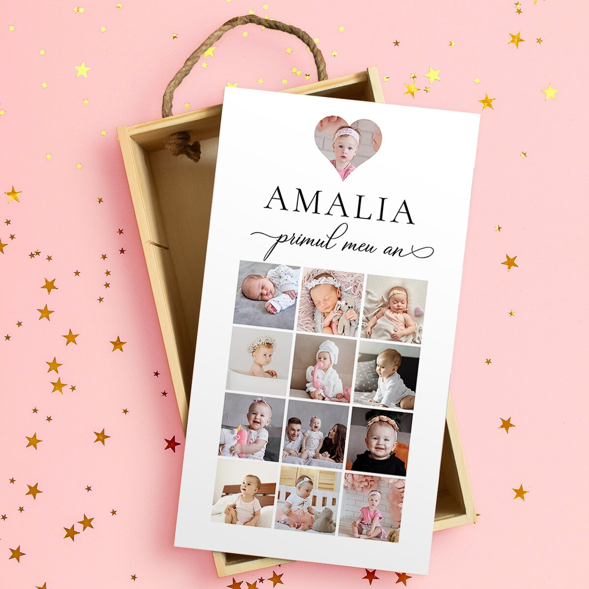 Cutie de cadou din lemn personalizată cu 13 poze și text - Primul meu an