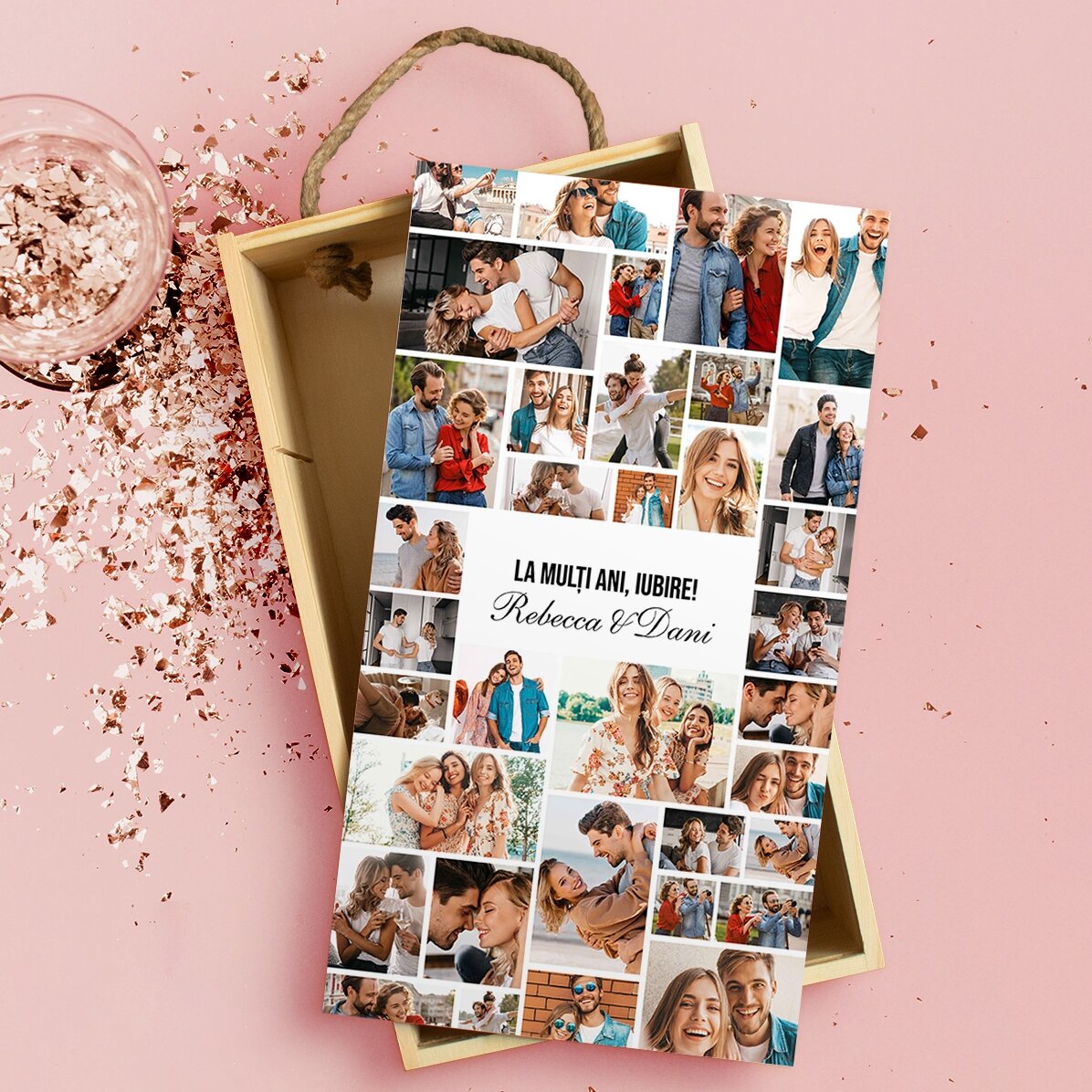 Cutie de cadou din lemn personalizată cu 35 de poze și text