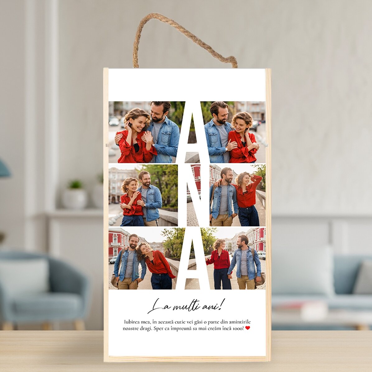 Cutie de cadou din lemn personalizată cu 6 poze și mesaj - Amintiri dragi