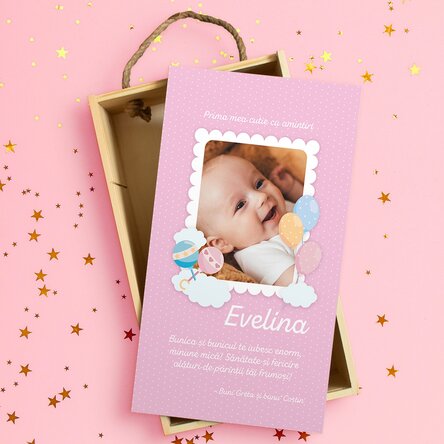 Cutie de cadou din lemn personalizată cu poză și mesaj pentru nou născuți