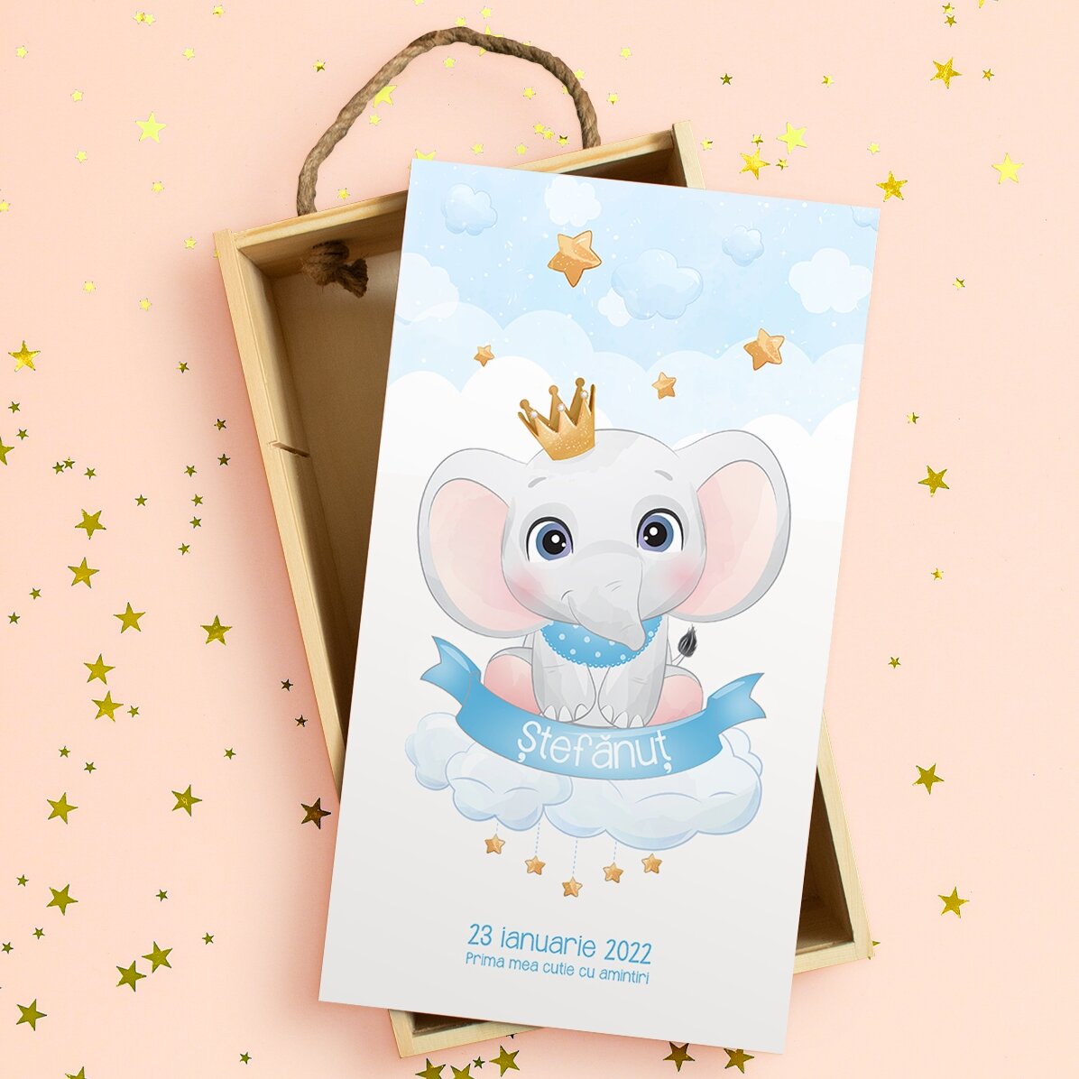 Cutie de cadou din lemn personalizată cu text - Primele mele amintiri