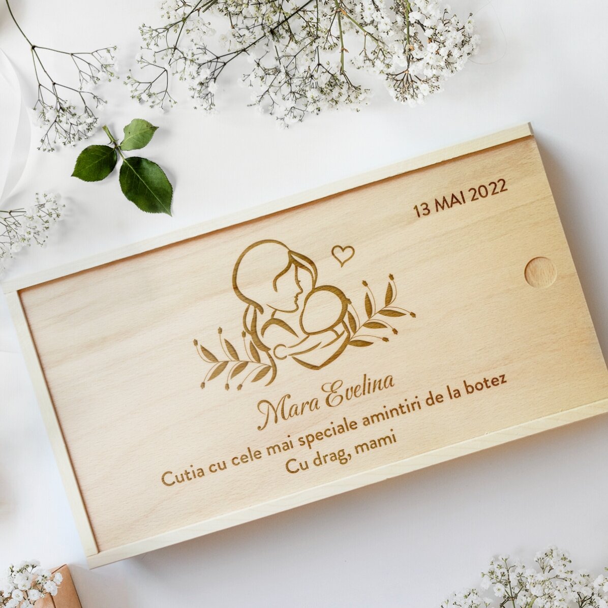 Cutie de cadou personalizată din lemn - Amintiri de la botez