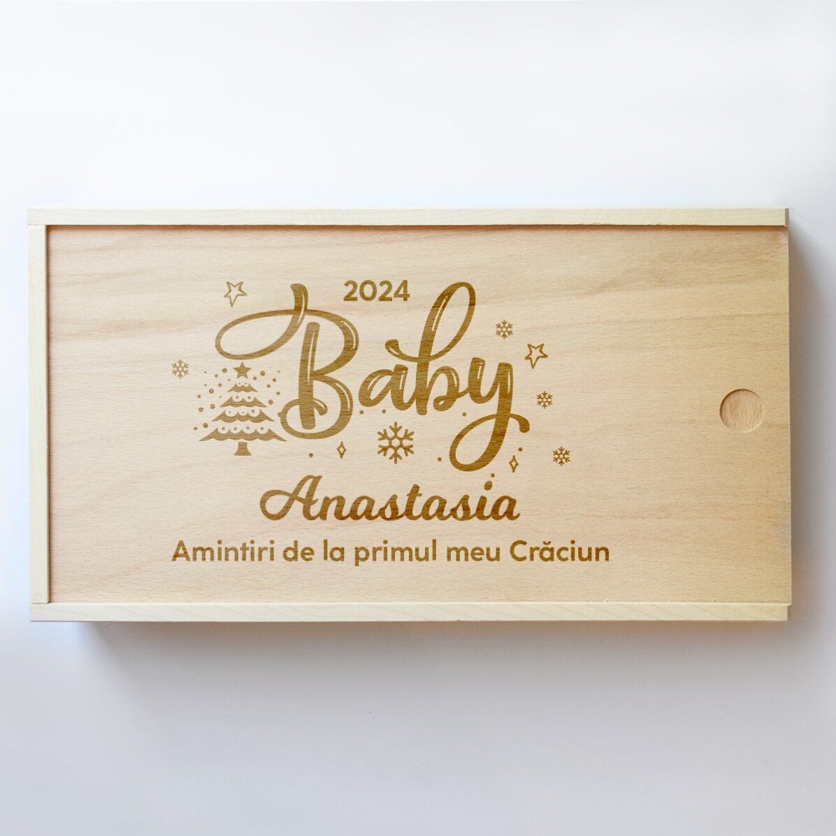 Cutie de cadou personalizată din lemn - Amintiri de la primul Crăciun