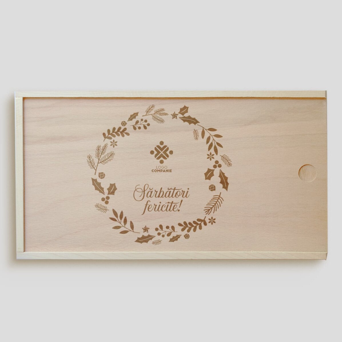 Cutie de cadou personalizată din lemn cu logo și text - Sărbători fericite!