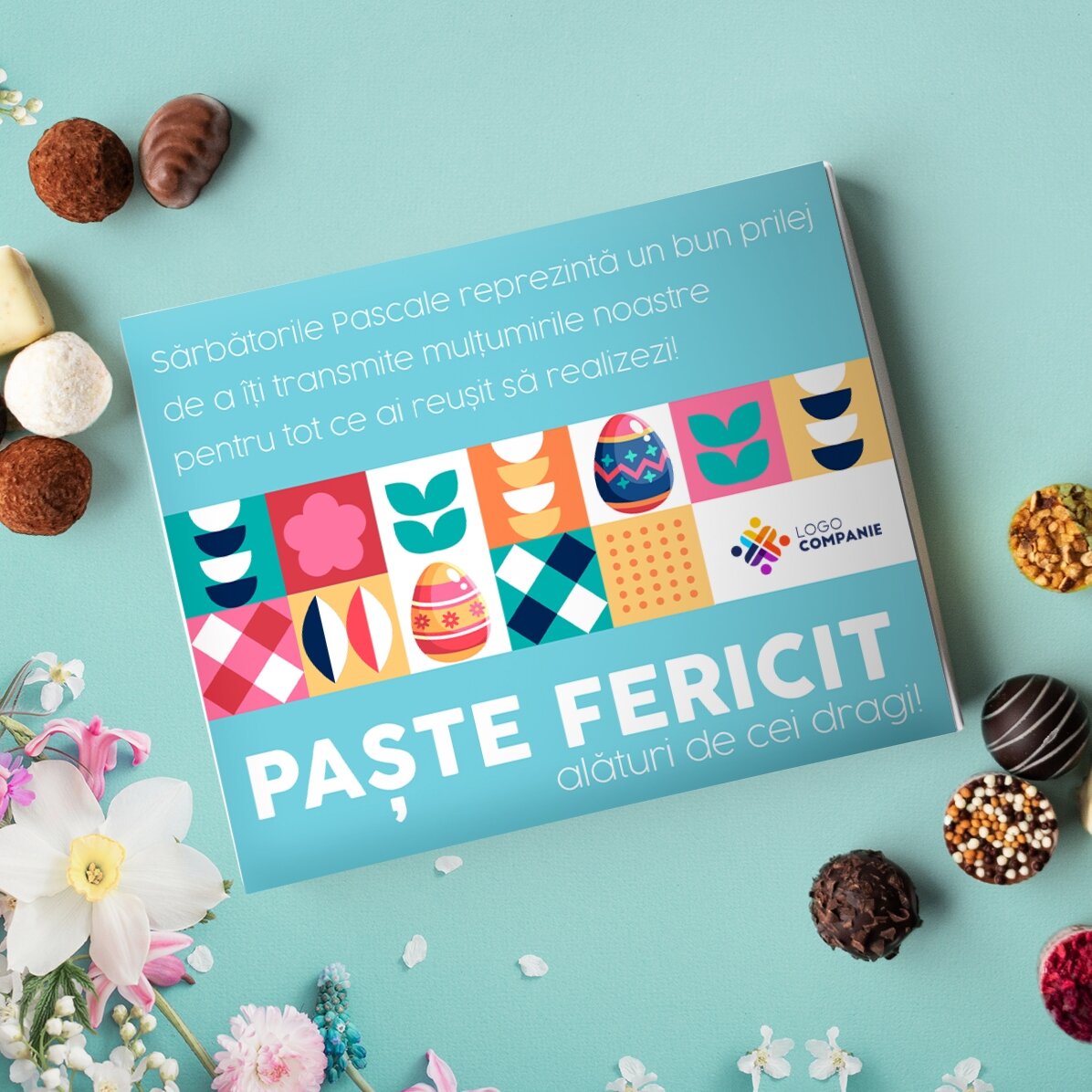 Cutie de trufe personalizată cu mesaj și logo - Îți mulțumim!