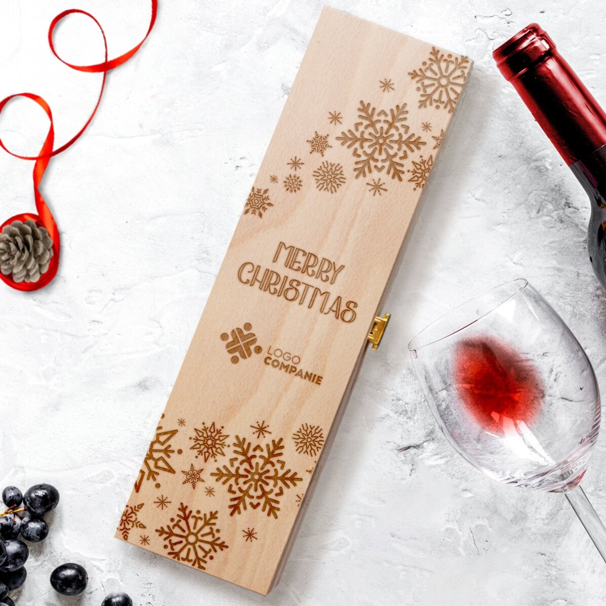 Cutie de vin cu logo și mesaj de Crăciun