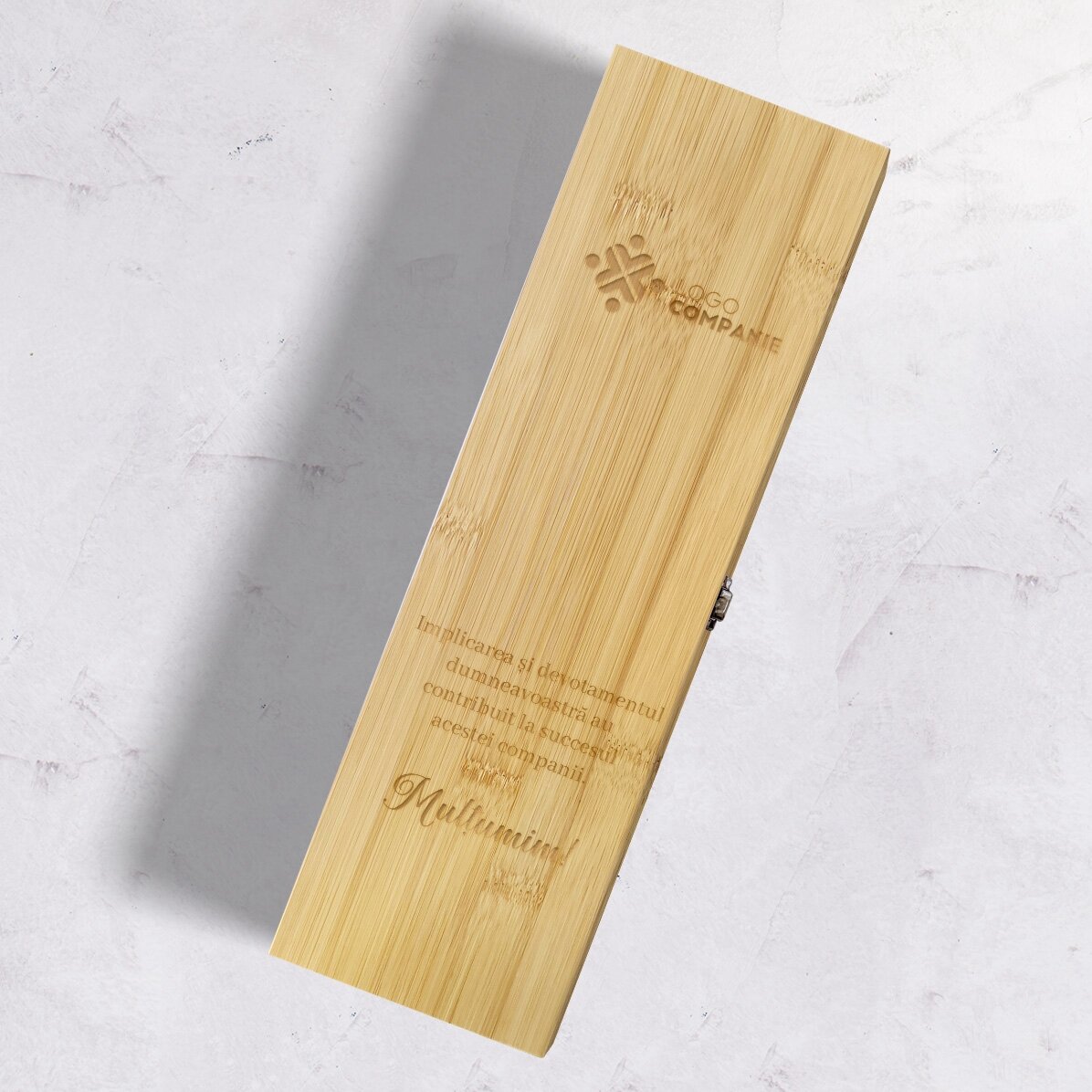 Cutie de vin din bambus cu accesorii personalizată cu logo și text - Mulțumim!