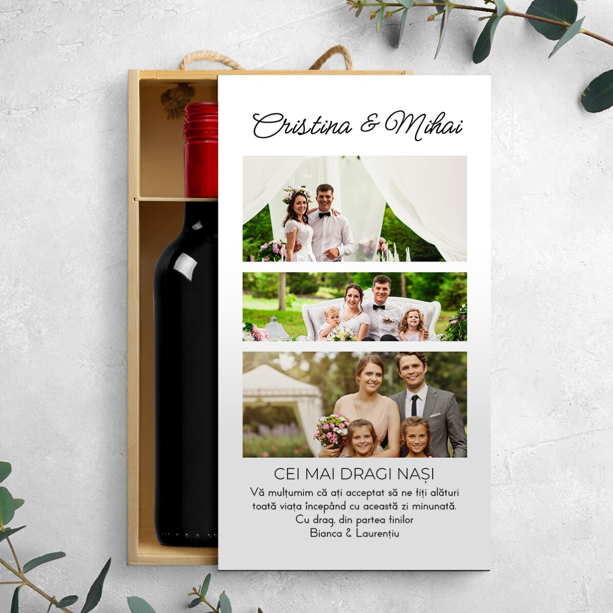 Cutie de vin pentru 2 sticle personalizată cu 3 poze și mesaj pentru cei dragi