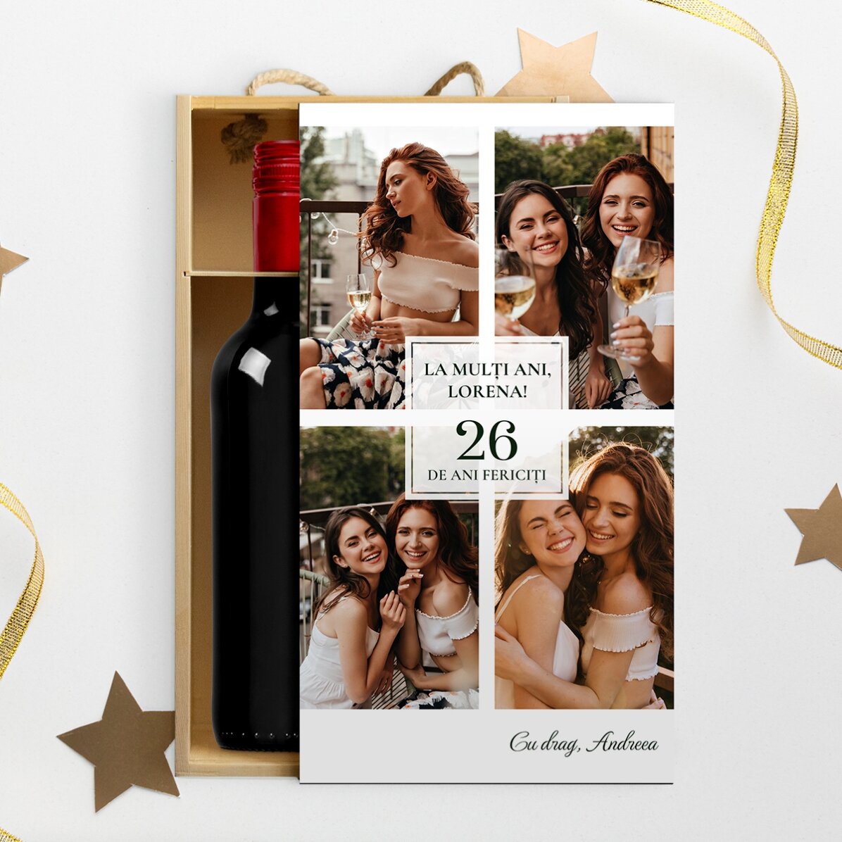 Cutie de vin pentru 2 sticle personalizată cu 4 poze și text - La mulți ani
